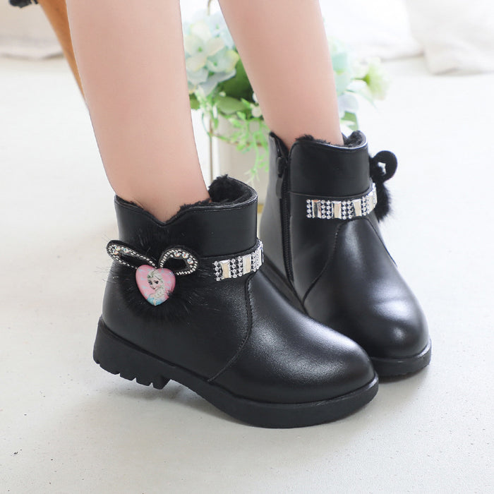 Wholesale A Pair/ Girls' Cotton Boots Mid-range Children's Fashionable Rabbit Ear Rhinestone Warm Shoes JDC-KS-SB004