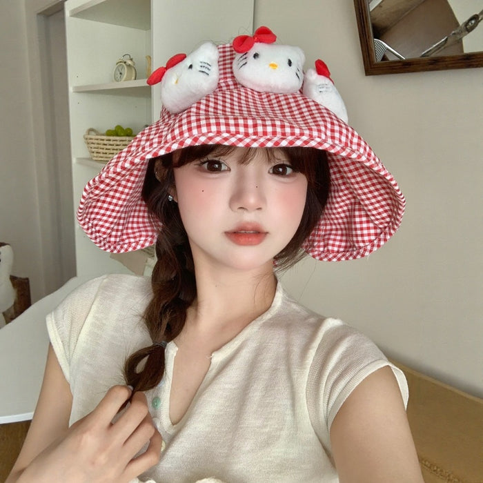 Wholesale Leisure red checkered basin hat with large brim for sun protection, cute cartoon fisherman hat