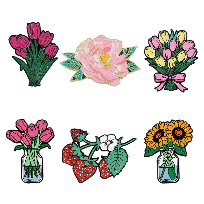 Wholesale Cute Plant Flower Brooch Cartoon Tulip Peony Metal Badge