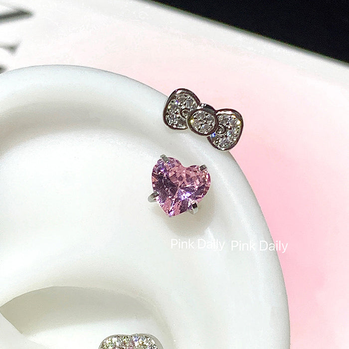 Wholesale  Cute  bow horseshoe ring pink love zircon titanium steel ear bone nail 1.2mm thick earrings