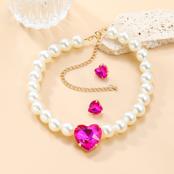 Wholesale Pearl Heart Shaped Glass Diamond Earrings Necklace Combination Set JDC-ES-JL207