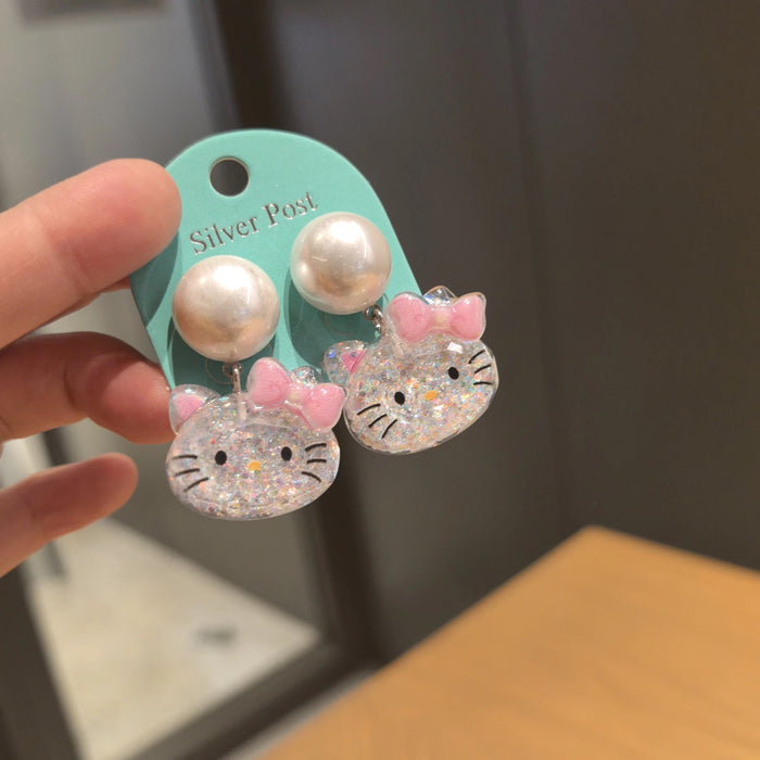 Wholesale Fashion Pearl Sequin Cat  Design 925 Silver Needle Earrings