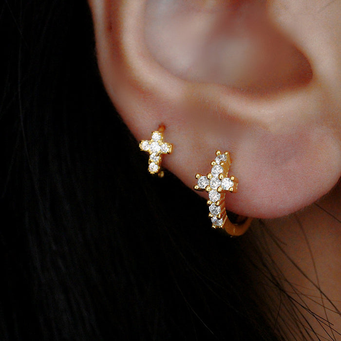 Wholesale Sparkling Diamond Cross Ear Buckle Earring Cross shaped Design Geometric Zircon Earrings