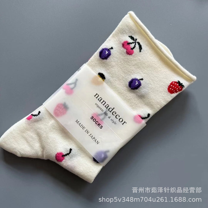 Wholesale Fruit and flower loose mouth rolled edge mid tube socks, simple cotton socks