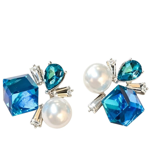 Wholesale Red Crystal Pearl Stud Earrings with Irregular Geometric Zircon Inlay