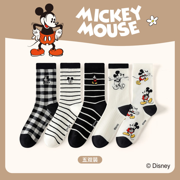 Wholesale Autumn and winter socks for children, 5 pairs of black striped mid tube cotton socks, cartoon embroidered women's socks