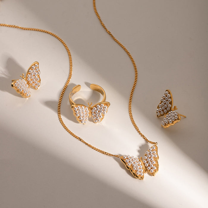 Wholesale Butterfly Pendant Pearl Earrings Necklace Ring Set JDC-NE-Wanx004