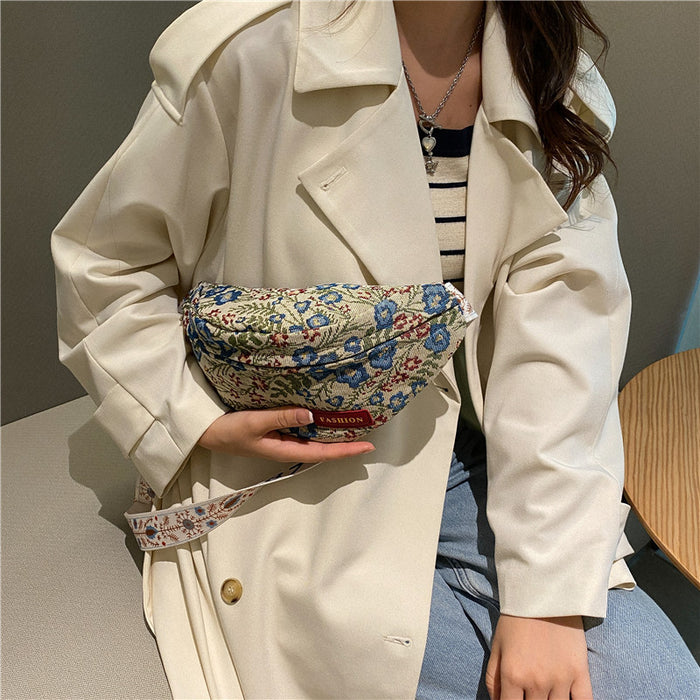 Wholesale Women's bag, fashionable canvas, niche retro broadband crossbody bag, chest bag, waist bag