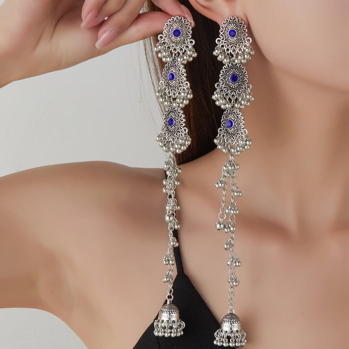 Wholesale Retro Bohemian Long Tassel Drop Earrings Heavy Industry Creative Ethnic Style Diamond-Encrusted High-End Earrings