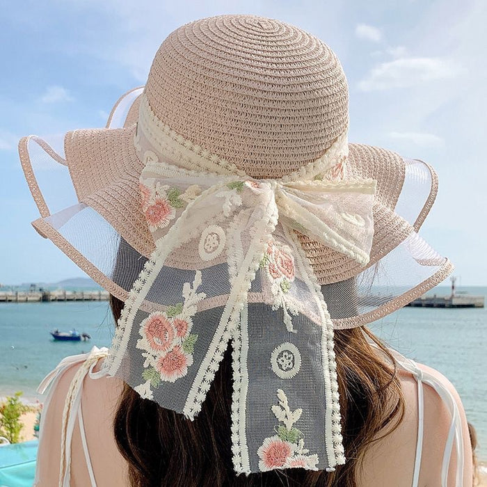 Wholesale Flower ribbon sun hat, sun hat, large brim straw hat