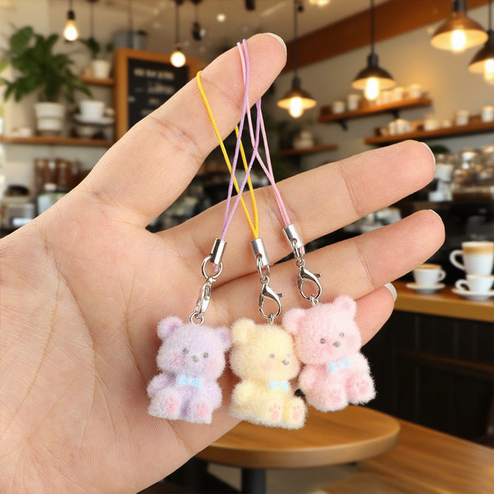 Wholesale Resin flocked colorful 3D bear phone charm,  cute and creative cartoon keychain