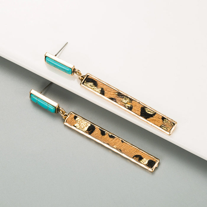 Wholesale Exaggerated long leather and alloy earrings set with turquoise
