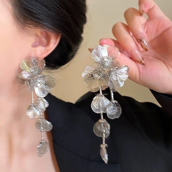 Wholesale Exaggerated Silver Long Metal Tassel Hoop Earrings