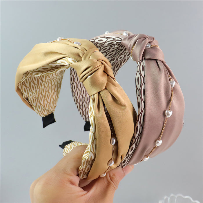 Wholesale Love Pearl Chain Geometric Print Wide Edge Butterfly Knot Headband JDC-HD-ZC014