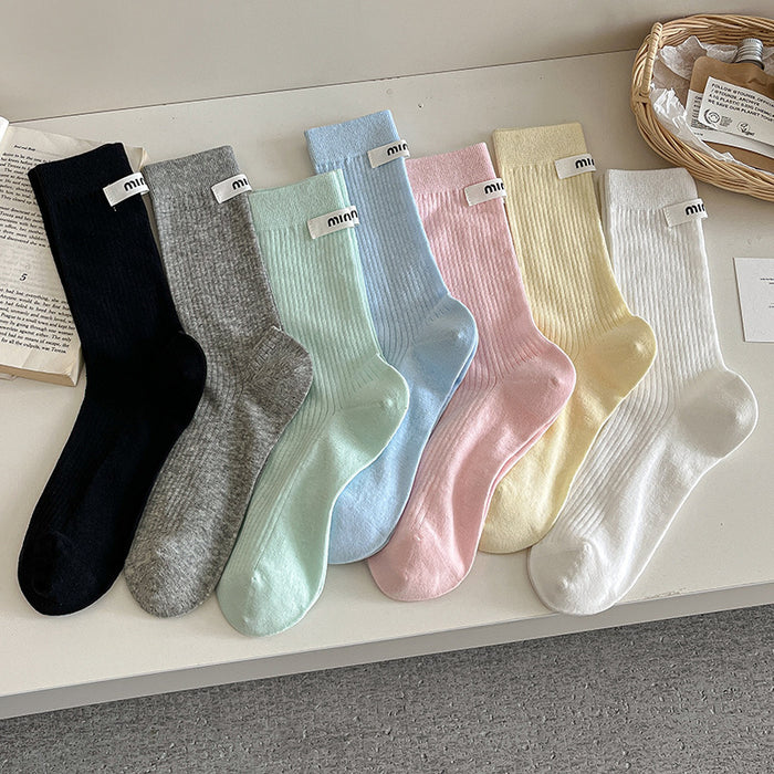 Wholesale Sock fabric label letter pile socks college style versatile colorful mid tube socks