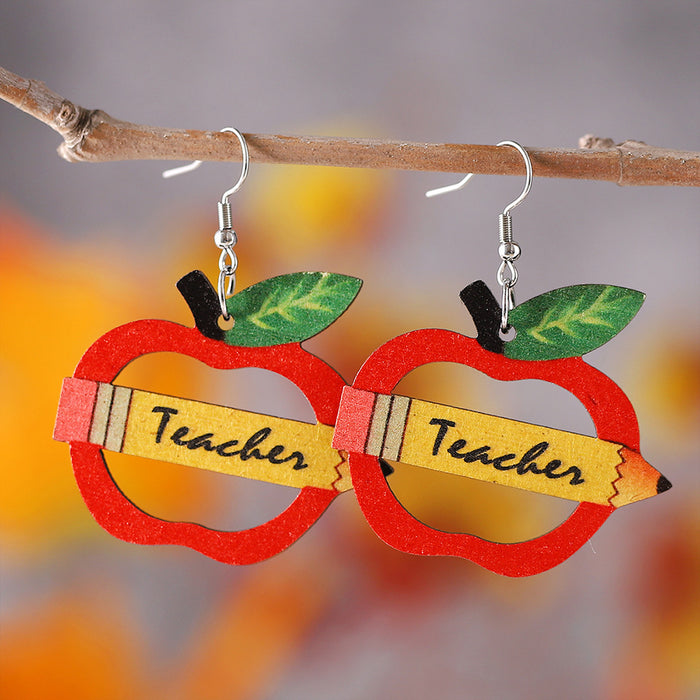 Wholesale Personalized pencil apple teacher drop earrings graduation back to school season teacher double-sided wooden earrings