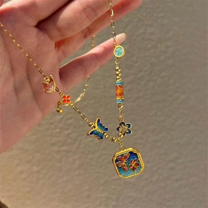 Wholesale Pure Copper Gold Plated Enamel Butterfly Necklace Exquisite Antique Woolen Chain