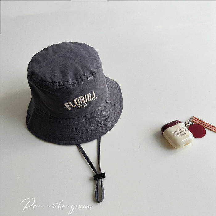 Wholesale Children's big brimmed hat with personalized Western style letters, windproof fisherman hat, sunshade basin hat