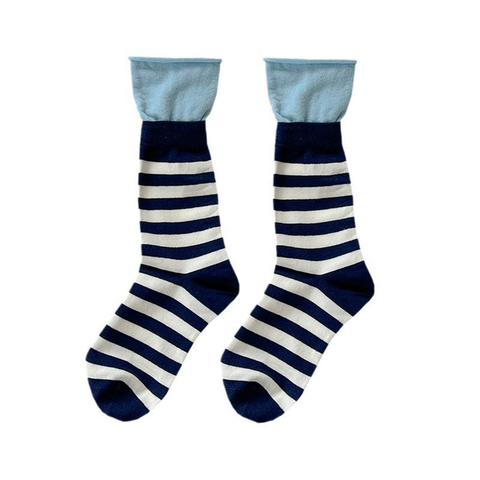 Wholesale Double layered socks with contrasting stripes, rolled edges, stacked socks, sports socks, tube socks