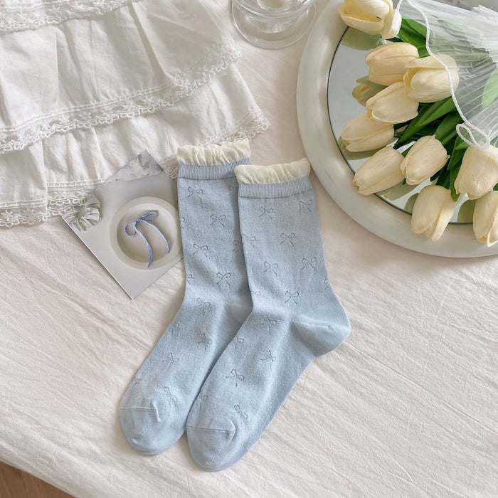 Wholesale Bow shaped mid tube socks, thin mesh, breathable, sweat absorbing, pile socks, long socks