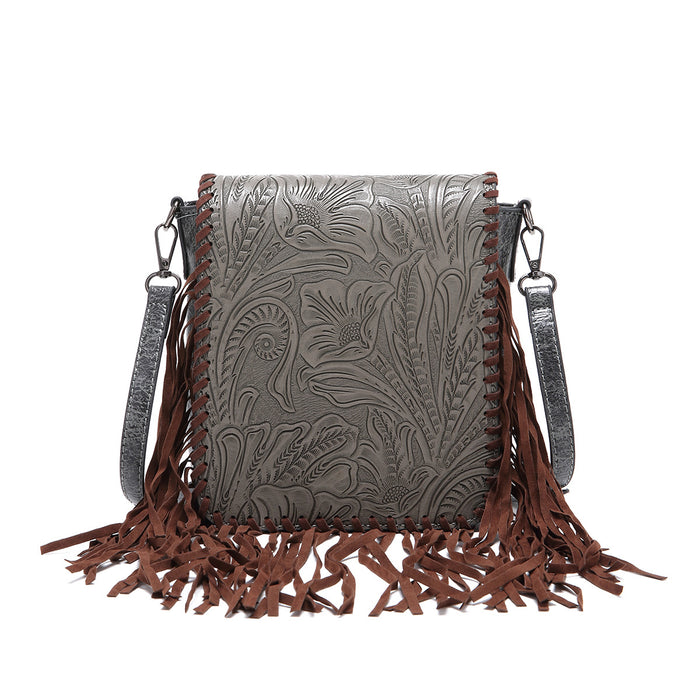 Wholesale Retro cotton and linen printed bohemian style leather carved shoulder crossbody women' s bag