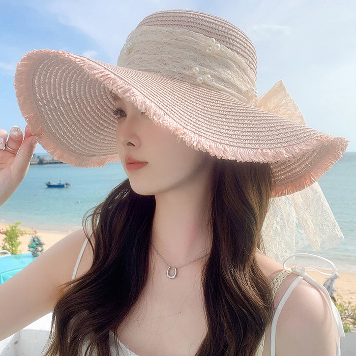 Wholesale Big bow hat for sun protection, fashionable and sweet temperament, large brim sun hat, outdoor sun hat