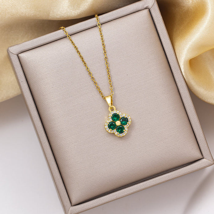 Wholesale Titanium Steel Four-Leaf Clover Pendant Necklace with Copper and Zirconium Jewelry Accessory MOQ≥2