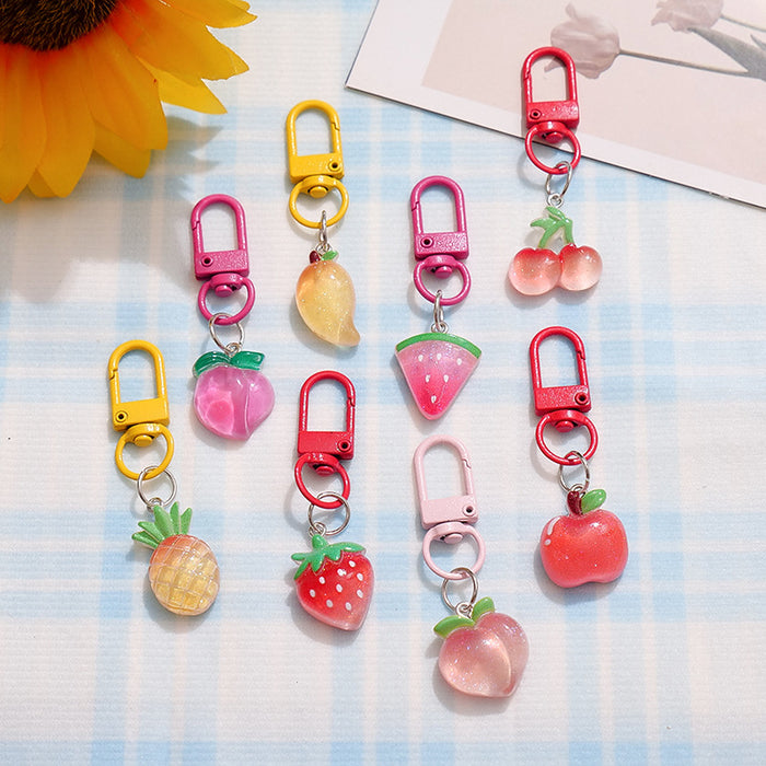 Wholesale Resin Fruit Keychain Trendy Pink Dragon Fruit Strawberry Key Ring Cute Backpack Pendant MOQ≥2