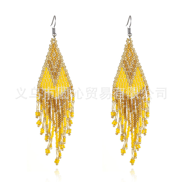Wholesale color Bohemian rice bead earrings women' s minority ethnic hand-woven long tassel earrings