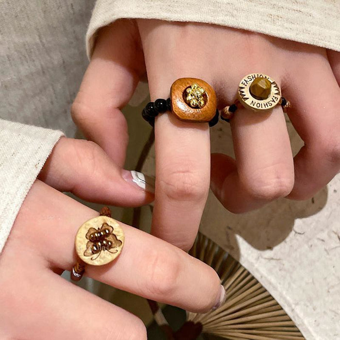 Wholesale Vintage brown beaded ring, wooden personalized bracelet, stacked with index finger ring