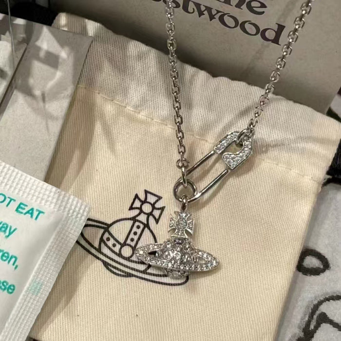 Wholesale Full diamond pin chain Saturn necklace women's paperclip collarbone chain