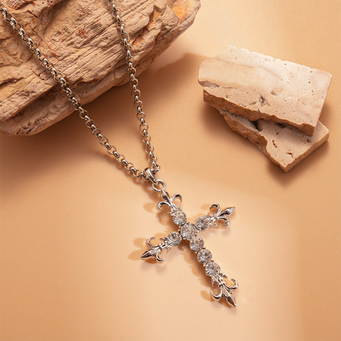Wholesale  Diamond-Encrusted Iris Cross Long Pendant Necklace