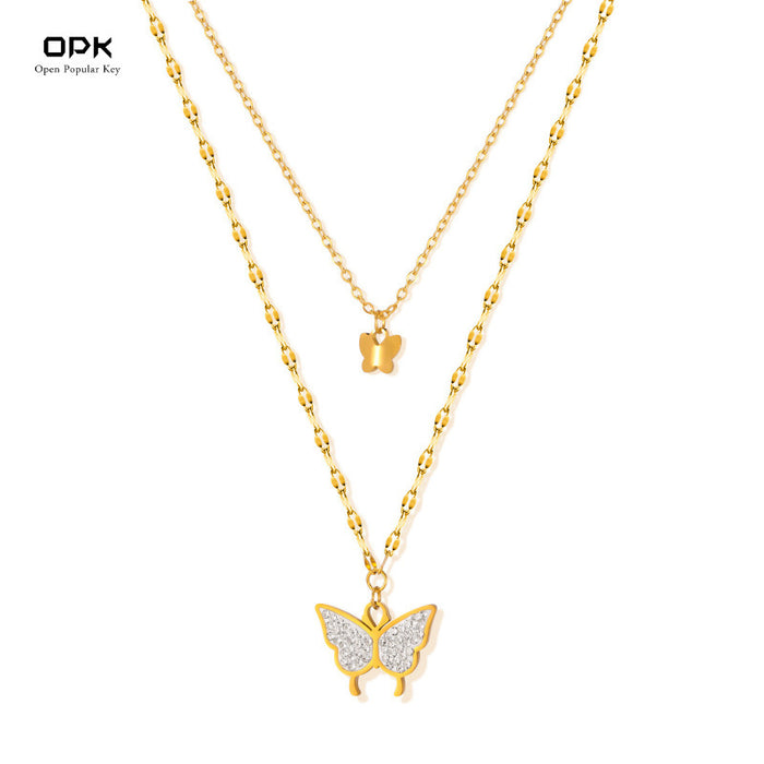 Wholesale Stainless steel exquisite butterfly inlaid with diamonds, double-layer stacked collarbone chain
