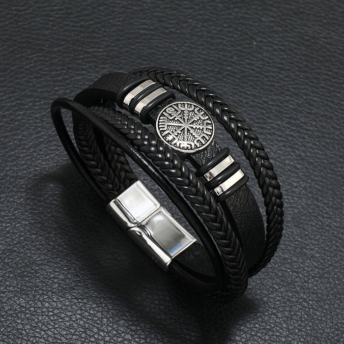 Wholesale Men's Hand Jewelry Versatile Multi-layer Braided Leather Bracelet Textual Compass Leather Wristband