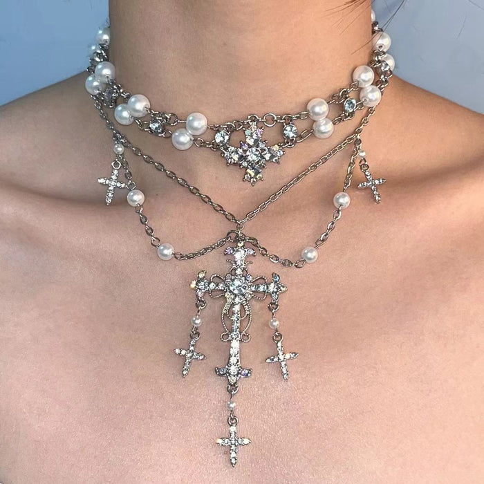 Wholesale Stacked Cross Pearl Long Necklace Niche Clavicle Chain