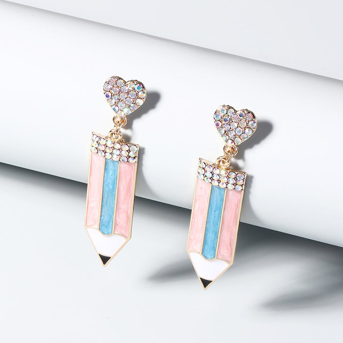 Wholesale heart-shaped color drop oil alloy Diamond-embedded pencil earrings earrings