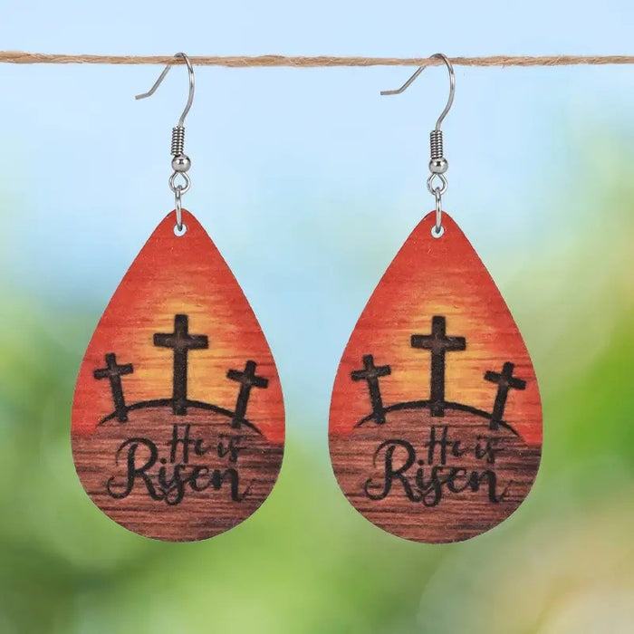 Wholesale  Water Drop Shape Colorful Pattern Pendant Wooden Earrings JDC-ES-WenT031