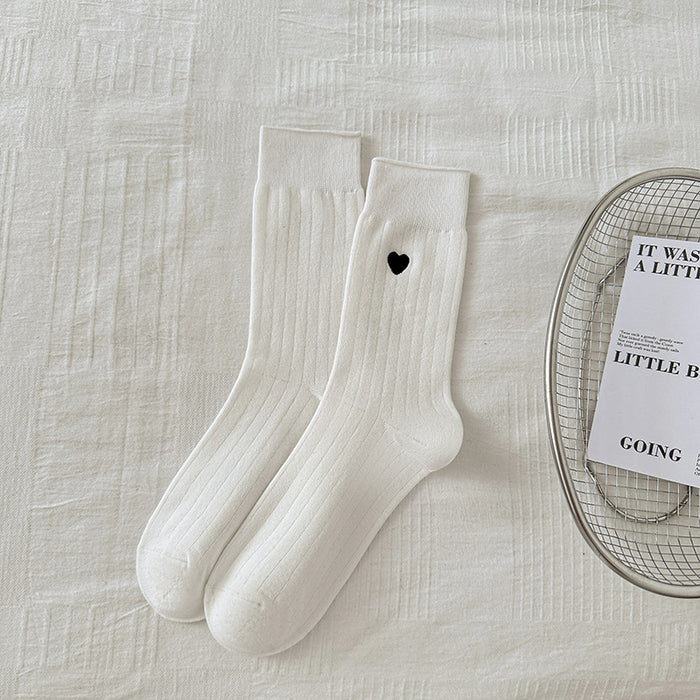 Wholesale Socks with rolled edges, embroidered hearts, simple vertical stripes, versatile stacking socks