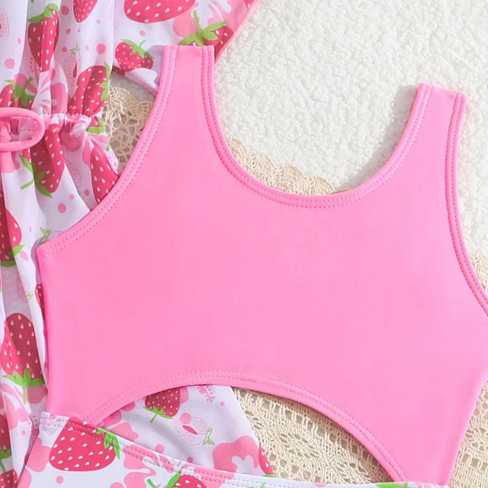 Wholesale Girls' and children's swimsuit one-piece gauze skirt two-piece set pink berry print pink tender princess vacation swimsuit