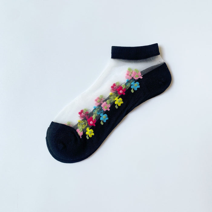 Wholesale mid-calf Crystal stockings spring and summer thin embroidered glass Silk women' s socks middle-aged and elderly non-slip socks
