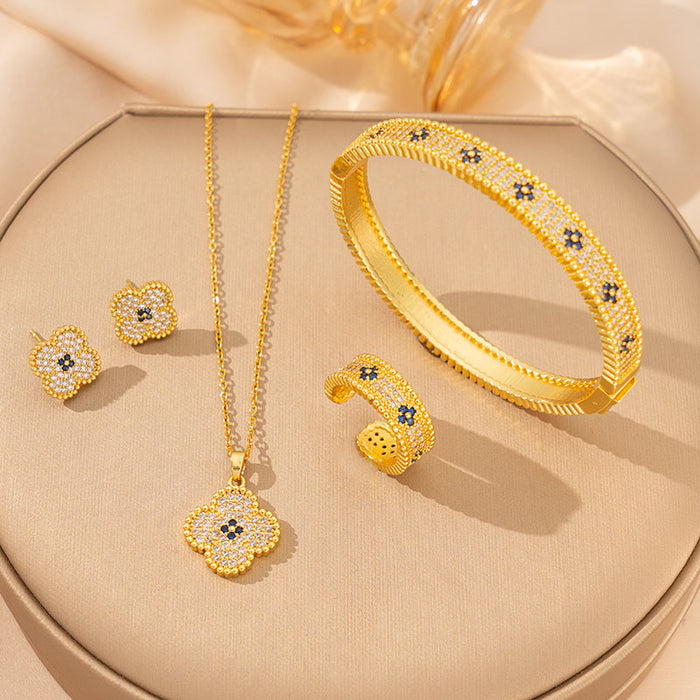 Wholesale Copper-plated zirconium titanium steel four-leaf clover necklace set