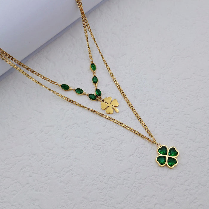 Wholesale Titanium Steel Green Zircon Flower Double Layer Lucky Clover Necklaces JDC-NE-Yiran010