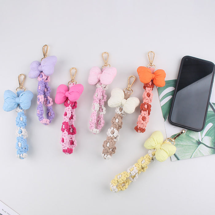 Wholesale Cotton-Filled Bow Mobile Phone Pendant Braided Mobile Phone Chain Small  Flower Braided Rope Keychain Bag