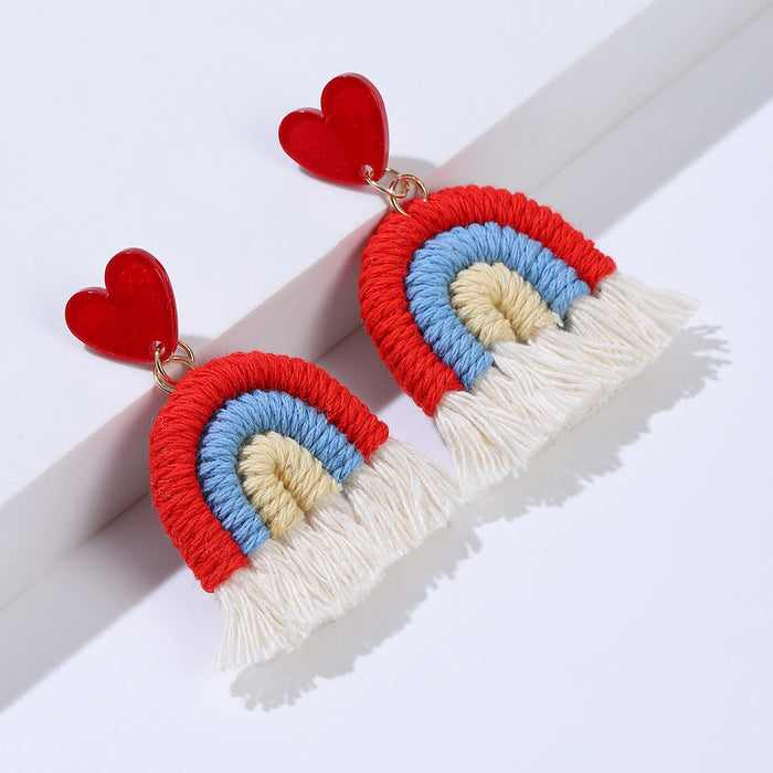 Wholesale Red, blue, and white rainbow shaped woven cotton rope tassel with sparkling pink acrylic earrings