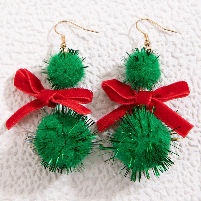Wholesale Alloy Christmas Earrings Red Green Bow Pom-Pom Party Jewelry Accessory Gift MOQ≥2