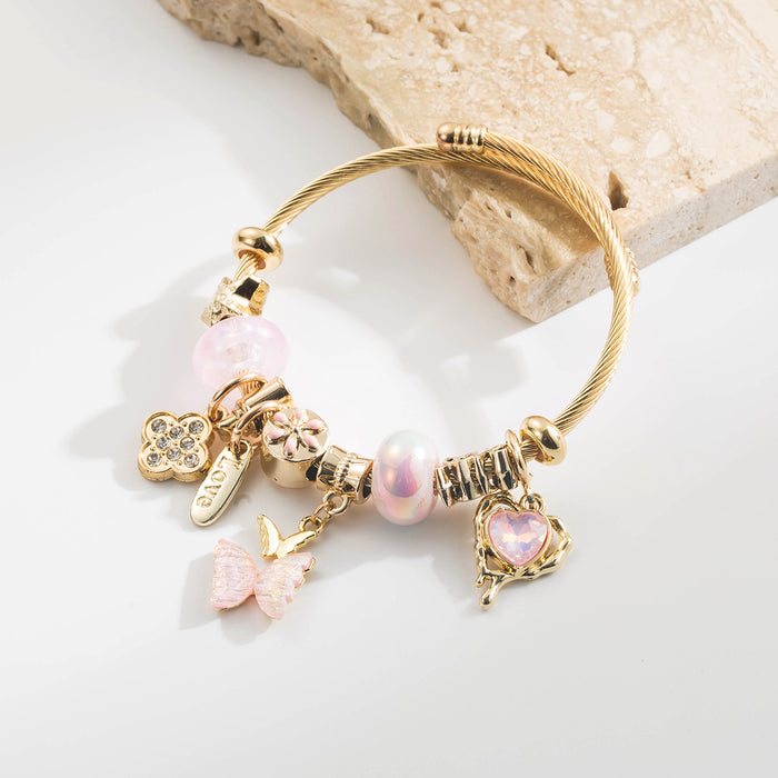 Wholesale Stylish Purple Stainless Steel Charm Bracelet With Diamond Set Four Leaf Clover Butterfly Heart And LOVE Pendant Fashion Accessory