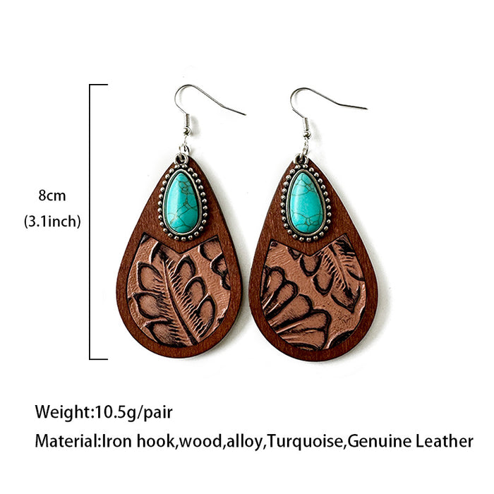 Wholesale Western genuine leather earrings classic horse hair leopard embossed cowhide water drop vintage earrings