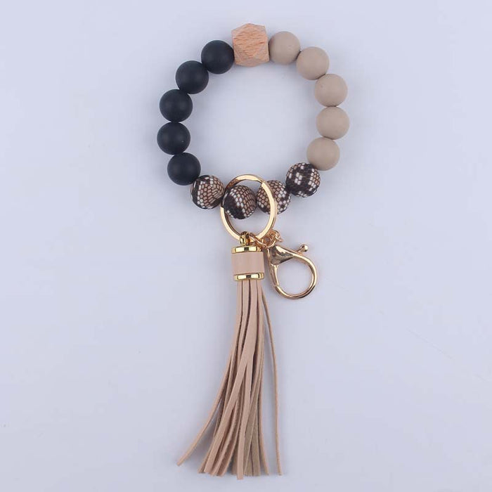 Wholesale Silicone leopard beads wrist keychain pendant leather PU tassel beaded bracelet accessories