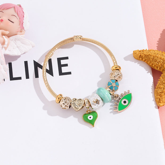 Wholesale Stainless Steel Evil Eye Beaded Bracelet with Heart Pendant,  Fashion Jewelry Accessory for Women