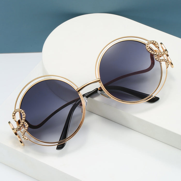 Wholesale Hollow Ocean Piece Color Round Frame Sunglasses Metal Double Loop Retro Sunglasses